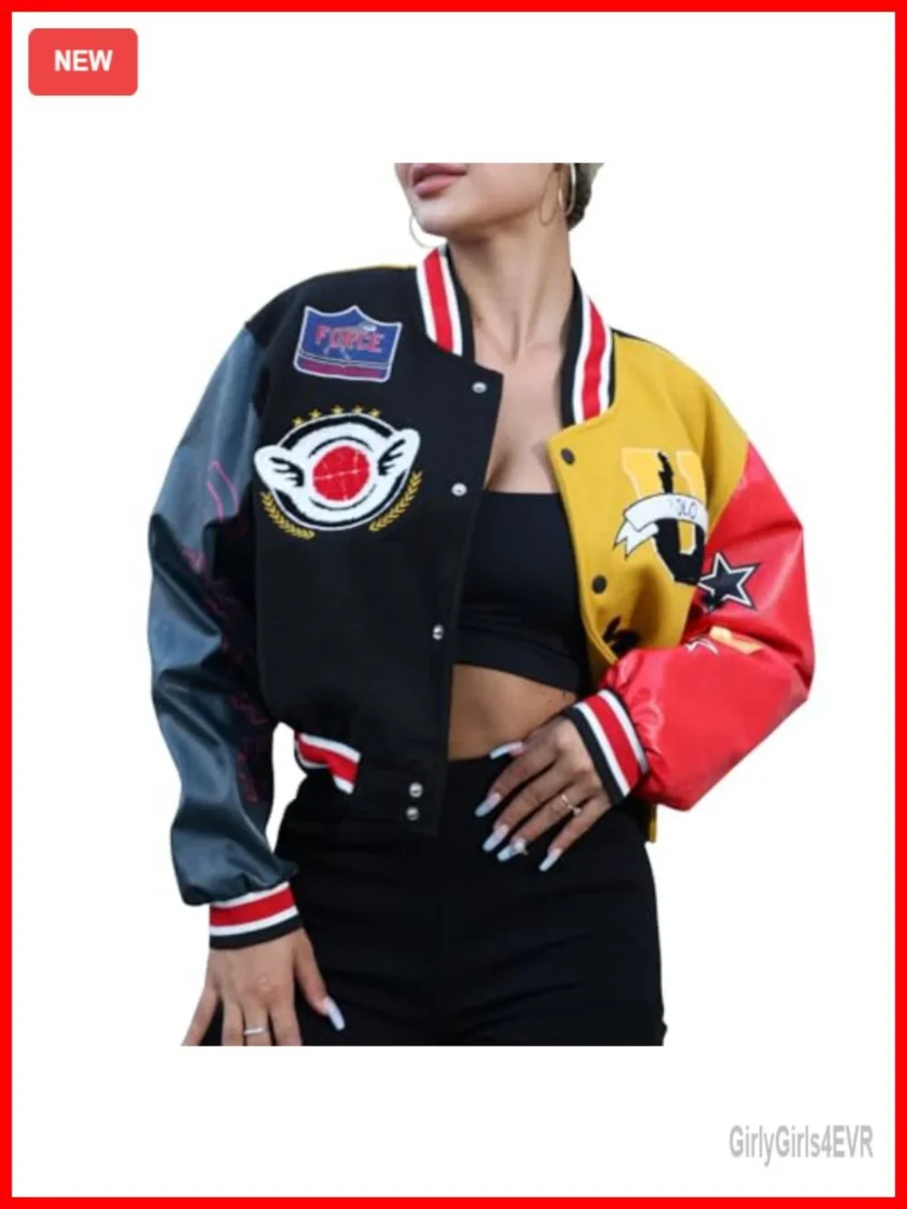 Women's Cropped Varsity Jacket Y2K Streetwear Bomber Letter Print Button Closure